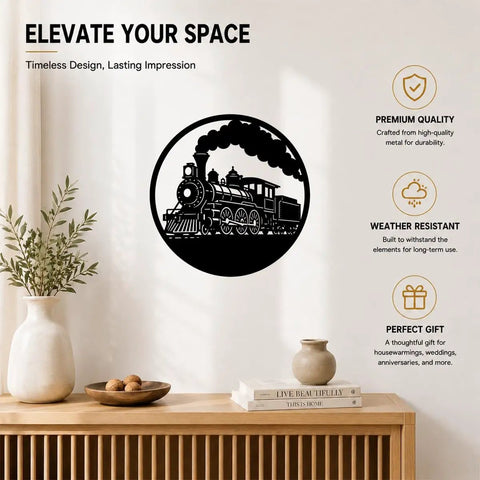 Rustic Steam Locomotive Metal Wall Art Decor For Living Room And Office displayed on white wall with decor items