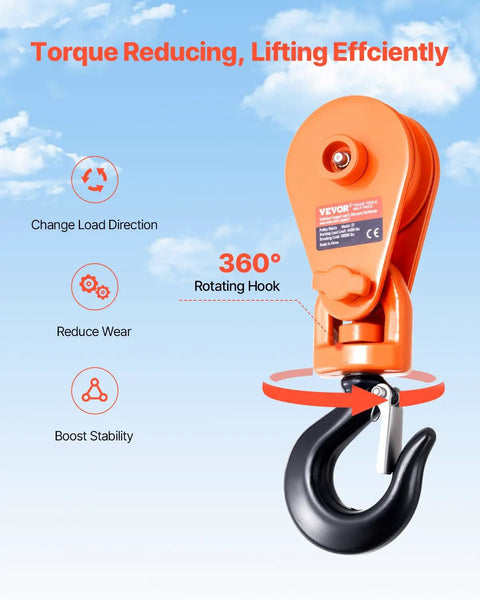 Heavy Duty Snatch Block With Swivel Hook For Towing And Recovery Two Ton Capacity Three Inch Pulley Three Eighth Inch Wire Rope Four Thousand Four Hundred Lb Working Load Ten Thousand Lb Break Strength Beefy For Tow Jobs And Off Road Recovery, orange body with black hook