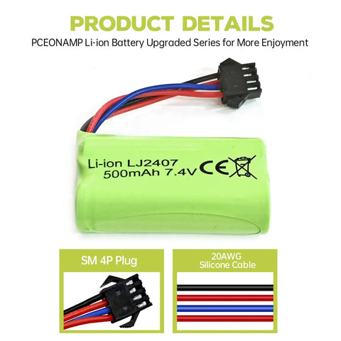 7.4V 500mAh SM-4P Plug Rechargeable Battery With Dope USB Charging Cable For EC16 DE85 RC Toy Car Model Dirt Bike M416 Gel Ball Blaster Spare Power Pack For RC Battle Games