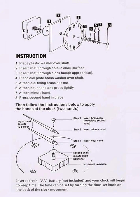 Assembly instructions for High Torque Non-Ticking Quartz Clock Movement Kit With Three Hands DIY Wall Clock Repair Parts.