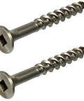 Size 8 By 3 Inch Deck Screws Kit Stainless Steel Square Drive For Wood And Composite Decking, Heavy Duty Fastener Set Of 2,500 Pro Grade Rust Resistant Finish For Outdoor Use In Any Weather, showing two screws with square drive heads