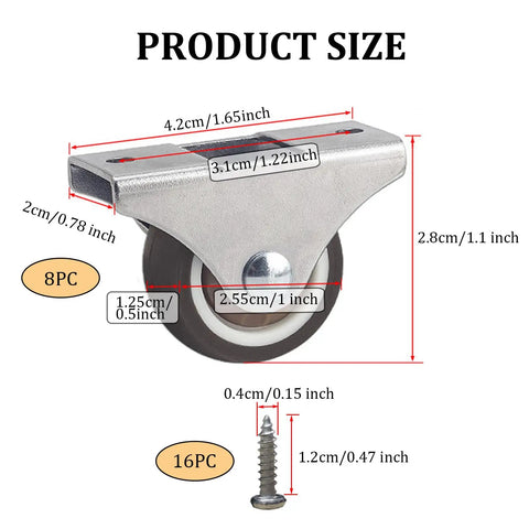 Slick Low Profile 1 Inch Fixed Caster Wheels Non Marking Rubber Sliders With Heavy Duty Steel Plates For Hassle Free Furniture Sliding Smooth Glide Zero Drama Setup Eight Pack product size dimensions.