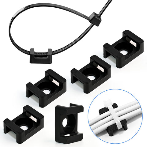 100 Pack Black Cable Zip Tie Saddle Mounts With 8 Inch Ties Screws Wire Clips shown with cable management setup