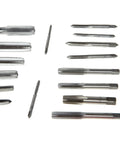 Solid 40-Piece Metric Tap And Die Set With Tungsten Carbide Bits For Heavy Duty Threading. Top Tier Stainless Steel Design Handles M3 Through M12 Threads Like A Boss. Tough, Reliable Tools You Can Count On For Any Precision Job. Metric taps and dies laid out on white