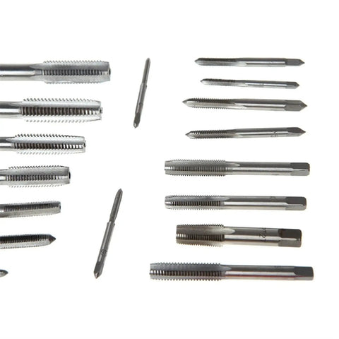 Solid 40-Piece Metric Tap And Die Set With Tungsten Carbide Bits For Heavy Duty Threading. Top Tier Stainless Steel Design Handles M3 Through M12 Threads Like A Boss. Tough, Reliable Tools You Can Count On For Any Precision Job. Metric taps and dies laid out on white