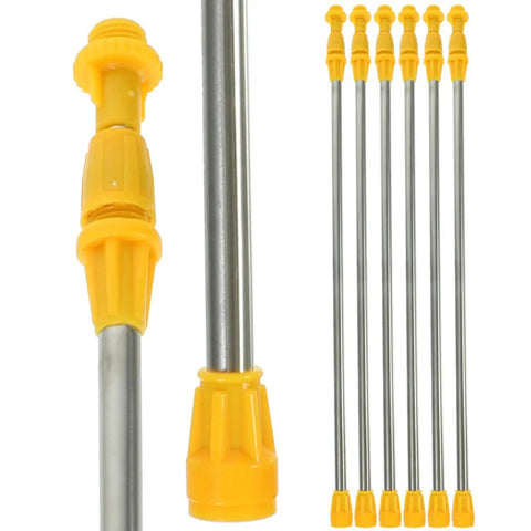 Stainless Steel Garden Sprayer Extension Rod 17.7 Inch Replacement Wand shown with durable yellow fittings.