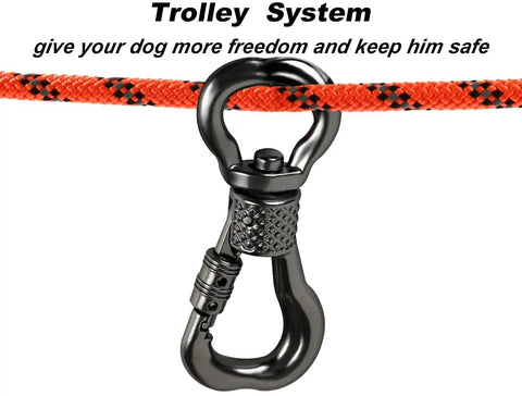 Close-up of the 50 Ft Dog Tie Out Cable With Overhead Trolley System clip, showing heavy-duty metal attachment for camping and yard use.