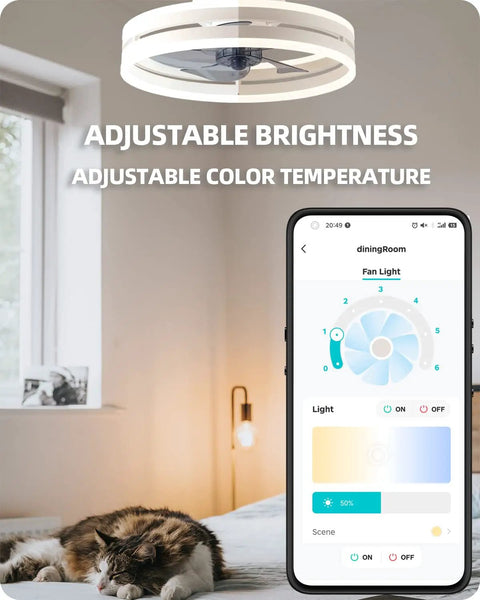 Bladeless Ceiling Fan With Light And Bluetooth Speaker, Flush Mount Low Profile Design, showing app control in bedroom