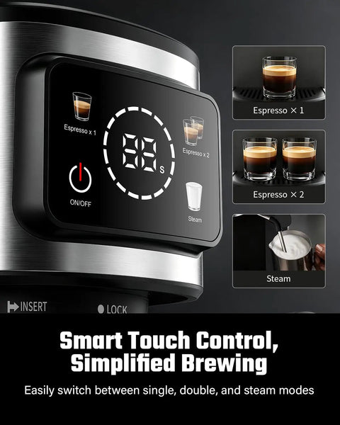 Professional Espresso Machine With Rapid Milk Frother And Pro Steam Wand For Silky Lattes And Bold Cappuccinos interface showing brew options.
