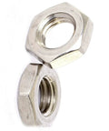 Two stainless steel hex jam nuts, 3/4-10, thin/half-nut style, close-up view.