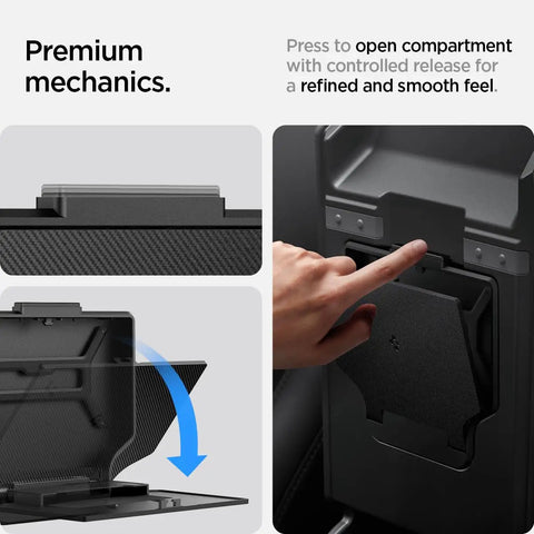 One Tap Hidden Storage Box For Tesla Model Y And Model 3 With Tap Access Premium PC Construction Juniper Finish And Carbon Fiber Detailing Strong 3M Mount Easy Hideaway Compartment Fits Standard Premium And Performance 2024 2025 2026 shown being opened.
