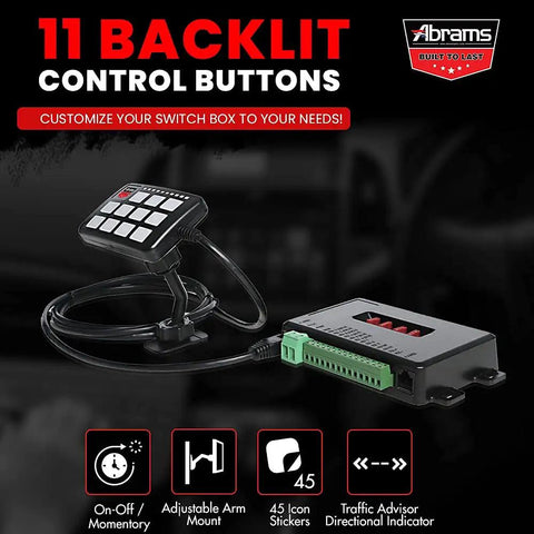 11-Gang LED Push Button Switch Panel For Offroad Vehicles And Emergency Lighting, Backlit Control Buttons, adjustable mount