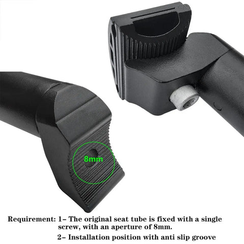 Close-up of black Aluminum Alloy Bicycle Seatpost Head Clamp for Seatpost and Saddle Tube, 8mm aperture, rust resistant
