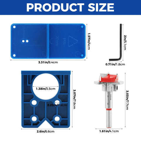 35mm Concealed Hinge Jig Kit For Cabinet Door Woodworking With Killer Precision Drill Guide Template And Locator Plates dimensions labeled