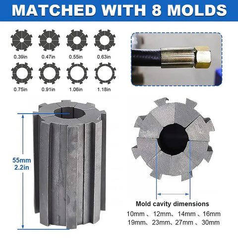 Heavy Duty Hydraulic Hose Crimper With Seven Die Sets Straight Up Portable Crimping Tool showing 55mm crimp die with mold sizes.