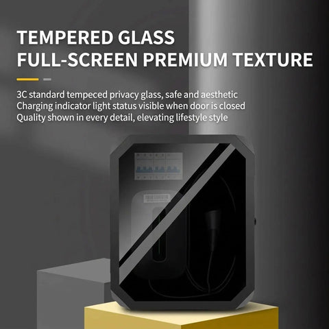 Tough As Nails Outdoor EV Charger Box With Thick Waterproof Shield and Heavy Duty Combo Lock showing tempered glass front.