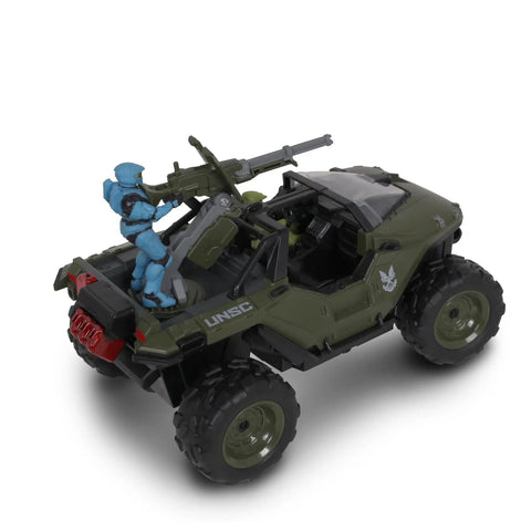 Halo Infinite RC Battle Hog UNSC Warthog with Master Chief and Spartan, side view showcasing the detailed design and mounted weaponry.