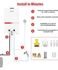 Installation guide for Lightweight Portable Propane Tankless Water Heater Kicking Out Instant 2.64 GPM with labeled steps and components.