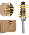 Premium No Nonsense Box Joint And Finger Joint Router Bit with Heavy Duty 8Mm Shank cuts box joints in wood pieces.