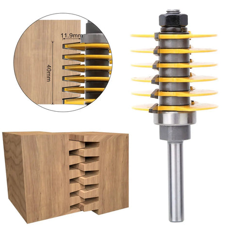Premium No Nonsense Box Joint And Finger Joint Router Bit with Heavy Duty 8Mm Shank cuts box joints in wood pieces.