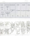 Front view of Swordfish 61120 vacuum connector assortment in clear case; 65 white plastic fittings.