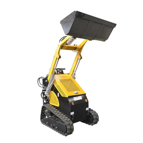 Track Type Mini Skid Steer Loader Workhorse For Construction And Landscaping Jobs with raised bucket and tracks.