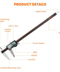 Rechargeable 12 Inch Digital Caliper With Large LCD Screen, Stainless Steel Tool For DIY, Home Projects And 3D Printing, Inch mm Fraction Modes, Auto Off, Fast Charge, Long Battery Life showing depth probe and measuring jaws.