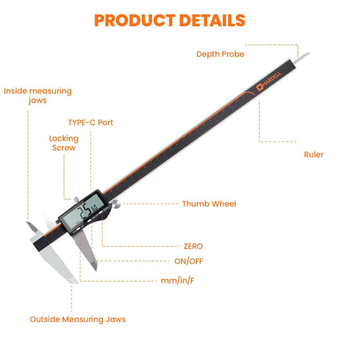 Rechargeable 12 Inch Digital Caliper With Large LCD Screen, Stainless Steel Tool For DIY, Home Projects And 3D Printing, Inch mm Fraction Modes, Auto Off, Fast Charge, Long Battery Life showing depth probe and measuring jaws.