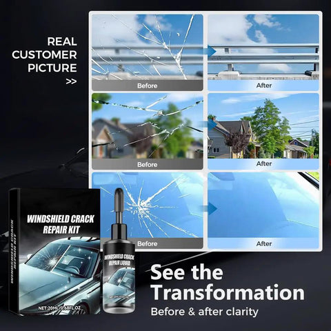 Windshield Crack Repair Kit For Cars 2026 Edition Glass Repair Liquid showing before and after auto glass crack repairs.