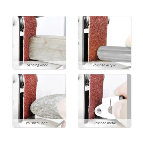 Image showing Ultra Compact Mini Electric Belt Sander With 4 Axis Variable Speed sanding wood, polishing acrylic, Bodhi, and metal.