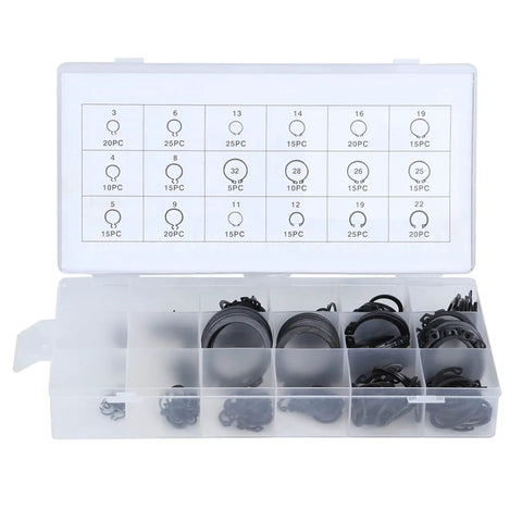 300 Piece E Clip Kit External Circlip Retaining Ring Set With Plastic Storage Case showing 16 sizes from 2mm to 32mm