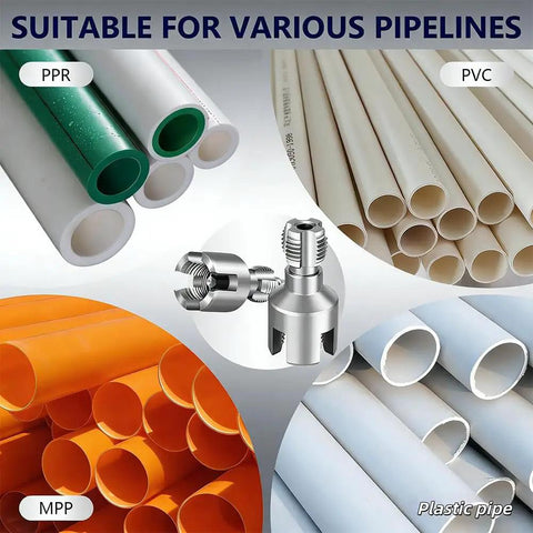 All In One Drill Driven Pipe Threader And Wrench For PVC And Water Pipes Universal Half Inch Three Quarters Inch And One Inch Pipe Opener showcased with PVC, PPR, and MPP pipes.