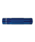 XL200 LED Flashlight With 3 Cell AAA Power, Five Modes High Strobe Night Light Signal And SOS, Blue aluminum body on side view.