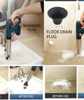 Rechargeable High Pressure Air Plunger for clogged toilets, sinks, and shower floor drains with PSI gauge and 4 plugs in use
