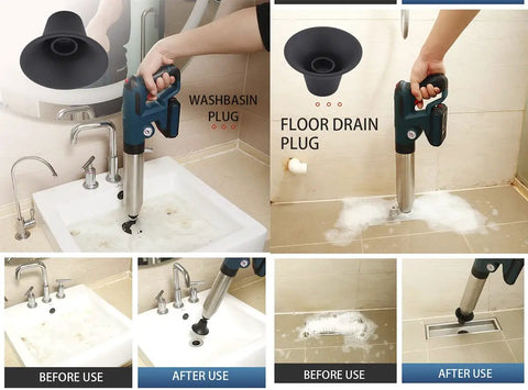 Rechargeable High Pressure Air Plunger for clogged toilets, sinks, and shower floor drains with PSI gauge and 4 plugs in use
