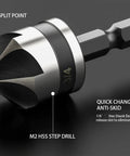Close-up of Pro Grade Countersink Drill Bit Set For Metal And Wood, Five Piece M2 Cobalt Five Flute 82 Degree Bits, Hex Shank.