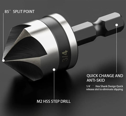 Close-up of Pro Grade Countersink Drill Bit Set For Metal And Wood, Five Piece M2 Cobalt Five Flute 82 Degree Bits, Hex Shank.