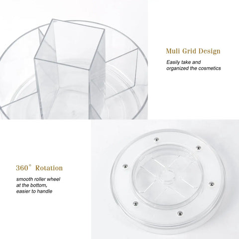 360 Degree Rotating Makeup Organizer For Vanity And Countertop, clear acrylic base and multi grid design, Lazy Susan style.