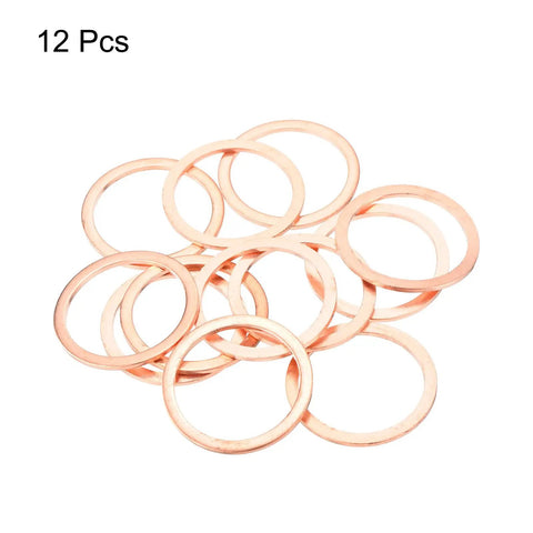 Top Shelf 12 Pack Copper Flat Washers 26 X 32 X 1.5 Mm Heavy Duty Crush Ring Seals stacked together, showing 12 pieces.
