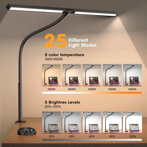 LED Desk Lamp For Office And Home With Clamp And Dual Monitor Support Eye Care Architect Light showing 5 color temperatures and brightness levels