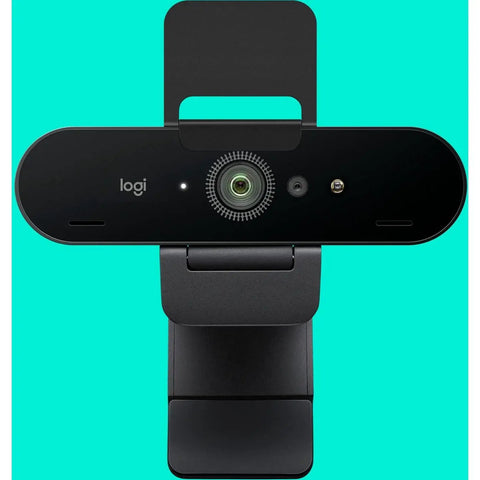 Pro Level 4K Ultra HD Webcam Featuring Swift Auto Focus And Snappy 5X Digital Zoom For Crystal Clear Streams, top view on teal background.