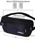 Travel Money Belt With RFID Blocking Slim Hidden Pouch Under Your Clothes For Passport Cash Cards And Documents Black Includes Bonus Two RFID Sleeves For Women And Men Travel Friendly Everyday Carry with size details and RFID sleeves.