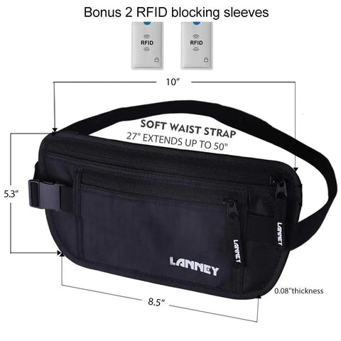 Travel Money Belt With RFID Blocking Slim Hidden Pouch Under Your Clothes For Passport Cash Cards And Documents Black Includes Bonus Two RFID Sleeves For Women And Men Travel Friendly Everyday Carry with size details and RFID sleeves.