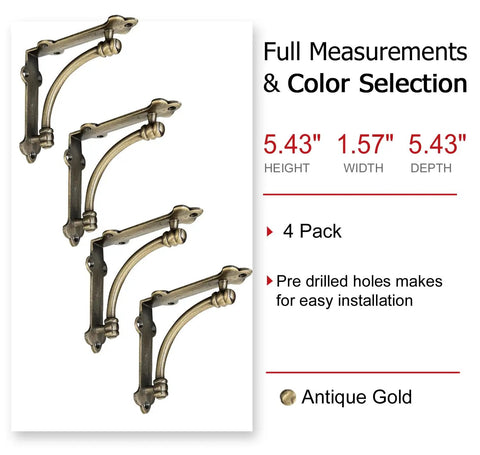 Gold Cast Iron Shelf Brackets Set Of Four, Heavy Duty Half Round Decorative Mounting Brackets, 5.5 By 1.2 By 5.5 Inches
