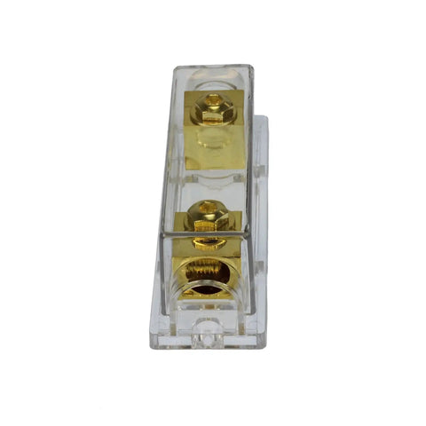 Gold Plated ANL Fuse Holder Inline Fuse Block for 1/0 AWG In And Out with Brass Hardware, Allen Screw Clamp, Clear Protective Housing