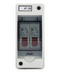 Front view of 16A DC Miniature Circuit Breaker For DIN Rail Mount 2 Pole Leakage Protector In Outdoor Waterproof Distribution Box