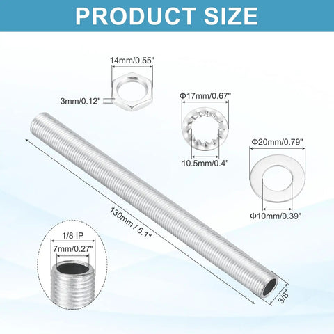 Heavy Duty 35 Piece 5.1 Inch Lamp Pipe Kit With Hex Nuts And Tooth Washers Rock Solid Carbon Steel fasteners with size details.