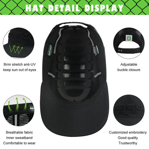 Maverick-Air Series Bump Cap With Extra Venting Baseball Cap Style Head Protection, inner view showing adjustable buckle and venting.