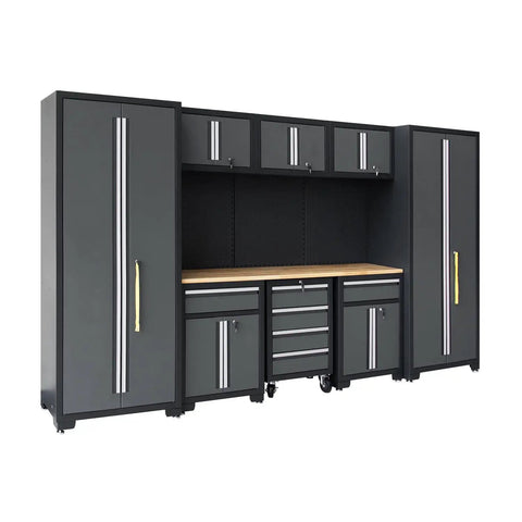 Beefy Nine Piece Garage Storage Cabinet System With Rolling Chest Workbench Pegboard And Wall Cabinets For Epic Tool Organization In A Durable Black And Grey Finish