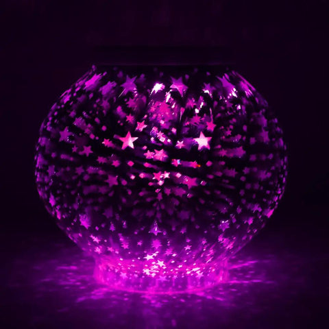 Color Changing Mosaic Solar Powered Glass Globe Light For Garden Patio Yard Outdoor Indoor Decor Waterproof Weatherproof Crystal Ball Led Lamp Auto On At Dusk Off At Dawn 6.7 Inch glowing in pink with star patterns at night.